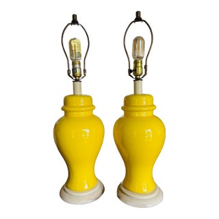 Pair Vintage MCM Yellow Crackle Glaze Ceramic Ginger Jar Table Lamps For Sale