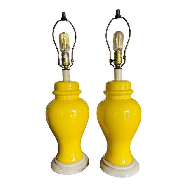 Pair Vintage MCM Yellow Crackle Glaze Ceramic Ginger Jar Table Lamps For Sale