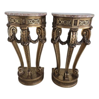 Pair of French Louis 16th Style Giltwood Rouge Marble Top Corner Tables - A Pair For Sale