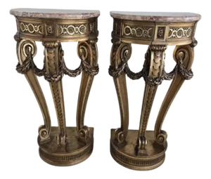Pair of French Louis 16th Style Giltwood Rouge Marble Top Corner Tables - A Pair
