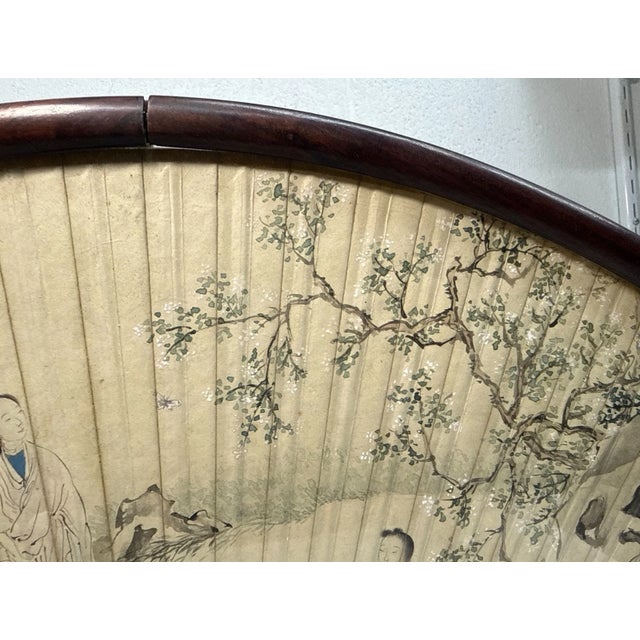 Antique Early 1800's Chinese Qing Dynasty Hand Painted Hand Fan Carved Wood Base For Sale - Image 9 of 18