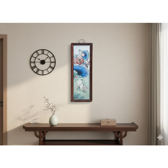 Vintage Chinese Wood Frame Porcelain Egret Lotus Wall Plaque Panel For Sale In San Francisco - Image 6 of 9
