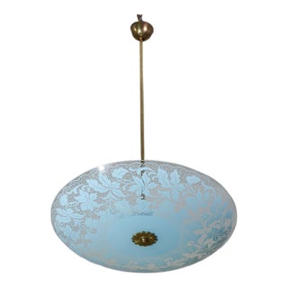 Vintage Italian Floral Glass and Brass Pendant Chandelier, Mid-Century, 2 Lights For Sale