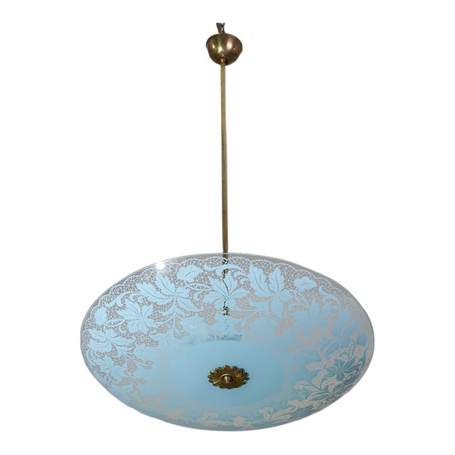 Vintage Italian Floral Glass and Brass Pendant Chandelier, Mid-Century, 2 Lights For Sale