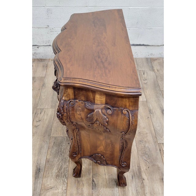 Brown Antique Louis XV Style Walnut Bombe Carved Chest or Commode For Sale - Image 8 of 10