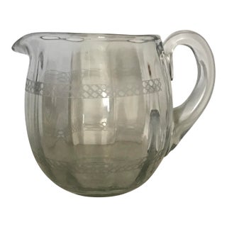 1930s Art Deco Etched Hand Blown Crystal Pitcher, Geometric Pattern Engraved Band For Sale