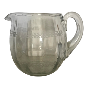 1930s Art Deco Etched Hand Blown Crystal Pitcher, Geometric Pattern Engraved Band