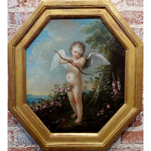 Cupid w/ Bow and Arrow -18th century French Oil painting oil painting on canvas - circa 1780/1800s octagonal canvas and...