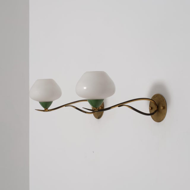 Gold Italian Brass, Green Lacquered Metal and Opaline Glass Wall Sconces, 1950s, Set of 2 For Sale - Image 8 of 13