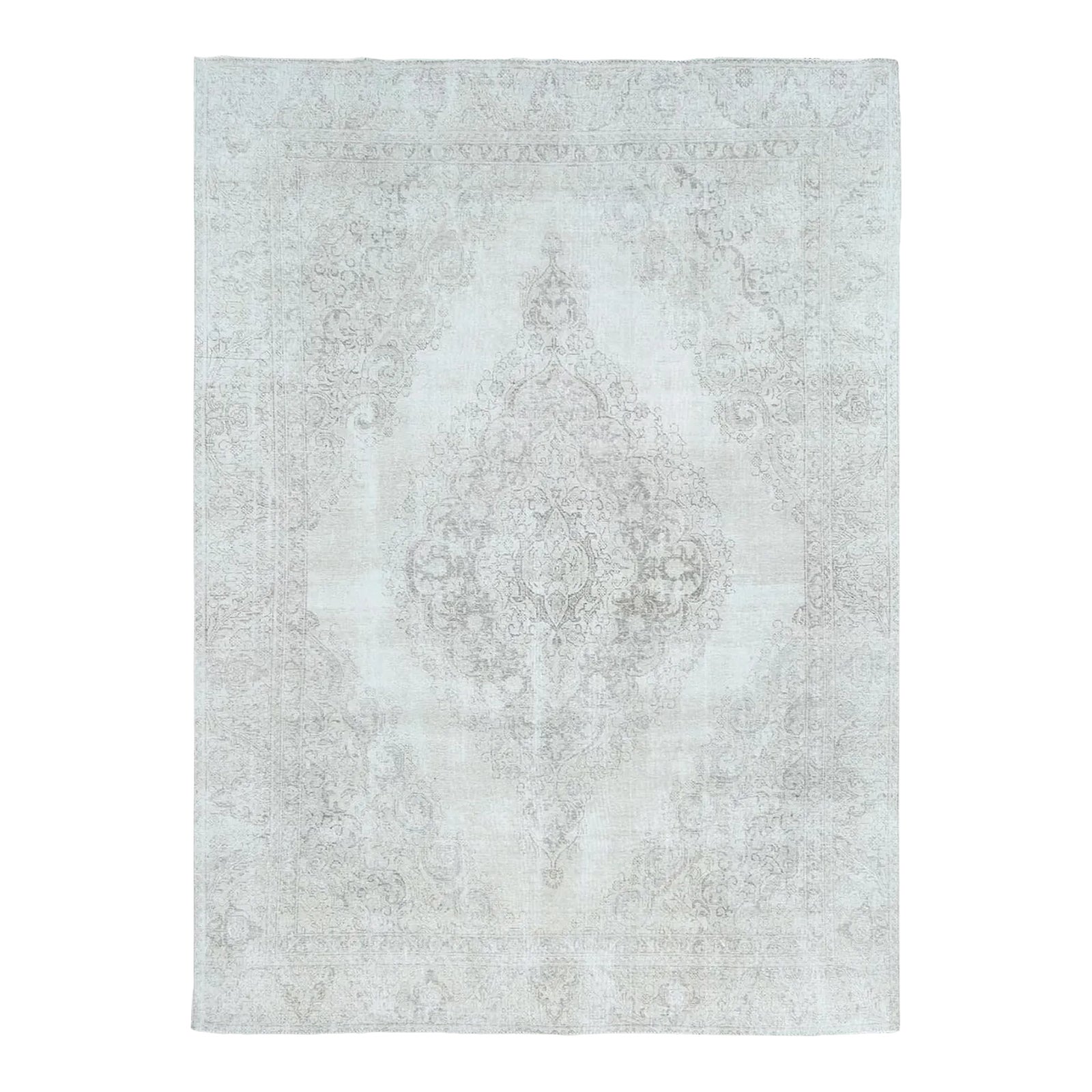 1960s Ivory Hand Knotted Vintage Persian Tabriz Distressed Wool Rug ...