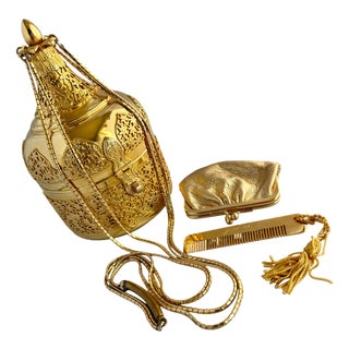 80s Judith Leiber Shoulder Bag Filigree Gold Plate Metal Embossed Evening Bag Floral Vintage For Sale