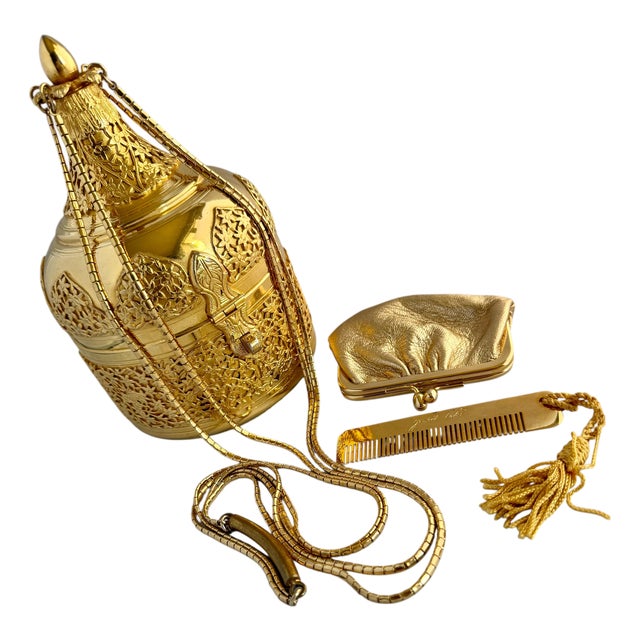 80s Judith Leiber Shoulder Bag Filigree Gold Plate Metal Embossed Evening Bag Floral Vintage For Sale