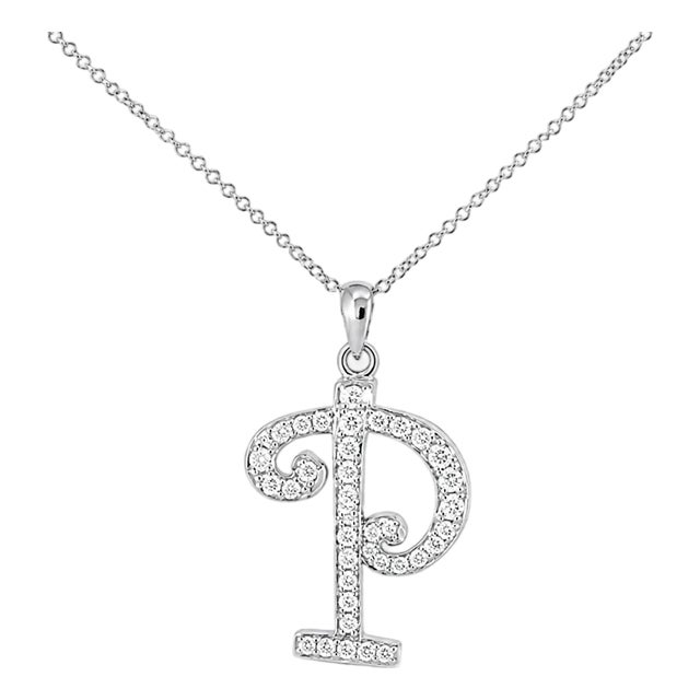 18K White Gold Diamond "P" Initial Pendant Slide Necklace Estate For Sale