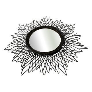 Vintage French Sunburst Mirror in Ebonized Wicker with Convex Glass, 1950s For Sale