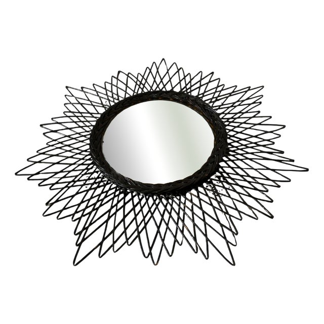 Vintage French Sunburst Mirror in Ebonized Wicker with Convex Glass, 1950s For Sale