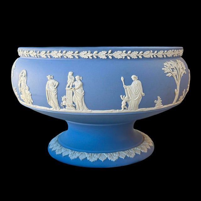 Large Wedgwood Blue Jasperware pedestal bowl, early to mid 20th century, marked on the base. Crafted in Wedgwood’s iconic...