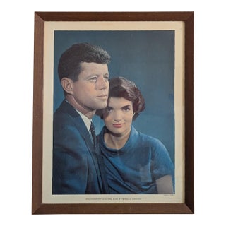 60's Framed Iconic Print on Parchment of John and Jackie Kennedy For Sale