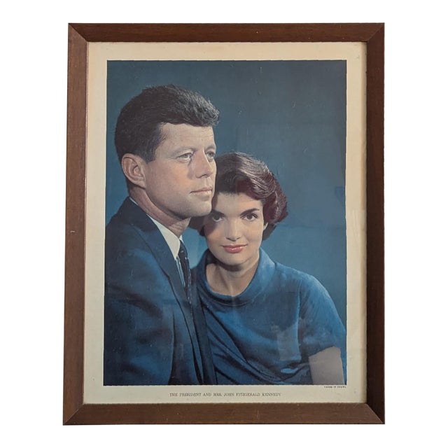 60's Framed Iconic Print on Parchment of John and Jackie Kennedy For Sale