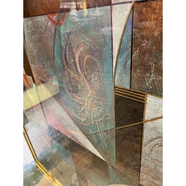 Large Abstract Geometric painting. Framed metal chrome picture. Signed by Richard Hall (b 1952) Measuring 51.75” x 42”.