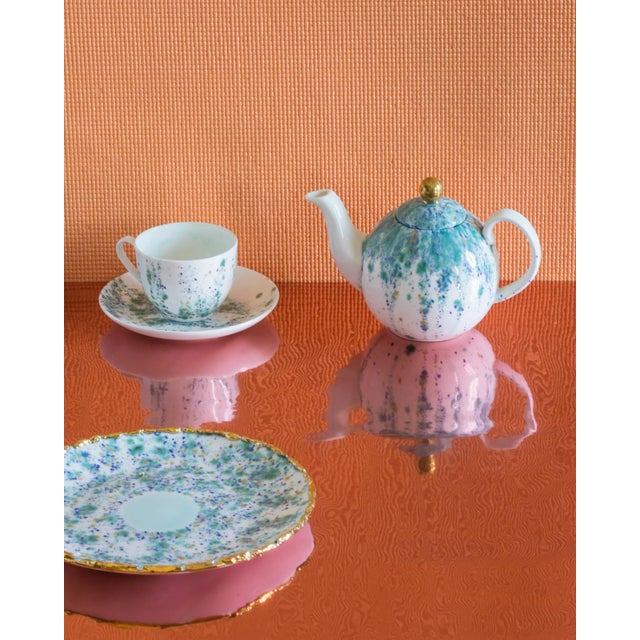 Contemporary Set of 2 Tea Cups & Saucer Blue Marble For Sale - Image 3 of 4