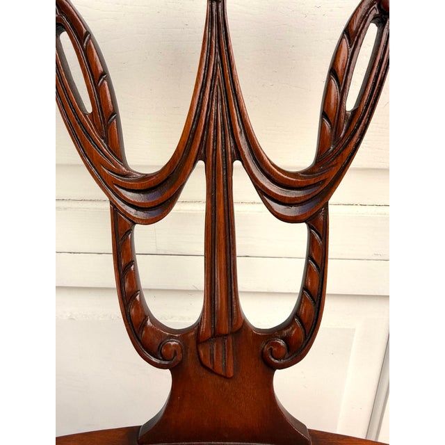 1970s Set of 6 Neoclassical Dining Chairs With Carved Swag Backs, Blue Velvet Upholstery For Sale - Image 5 of 18