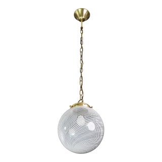 Mid 20th Century Italian Pendant Light With Optic Spiral Glass Globe and Restore Brass For Sale