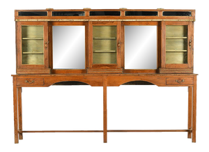 Large Wooden Dressing Table with 2 Mirrors & 3 Glazed Cupboards, 1940s