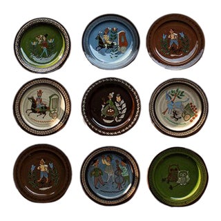 Mid-Century Swiss Folk Art Studio Pottery Wall Plates by Mw Thun - Set of 9 For Sale