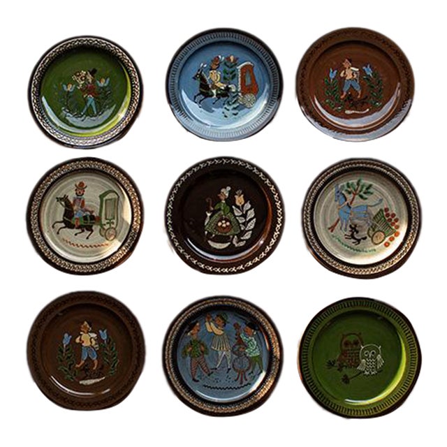 Mid-Century Swiss Folk Art Studio Pottery Wall Plates by Mw Thun - Set of 9 For Sale