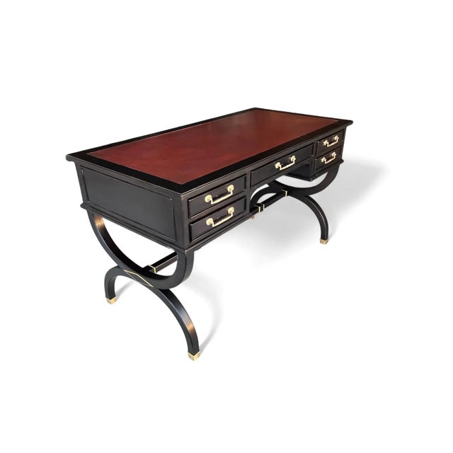 Sligh-Lowry Furniture Co. Mid 20th Century Hollywood Regency Ebonized Desk With Cognac Leather Top by Sligh-Lowry For Sale - Image 4 of 17
