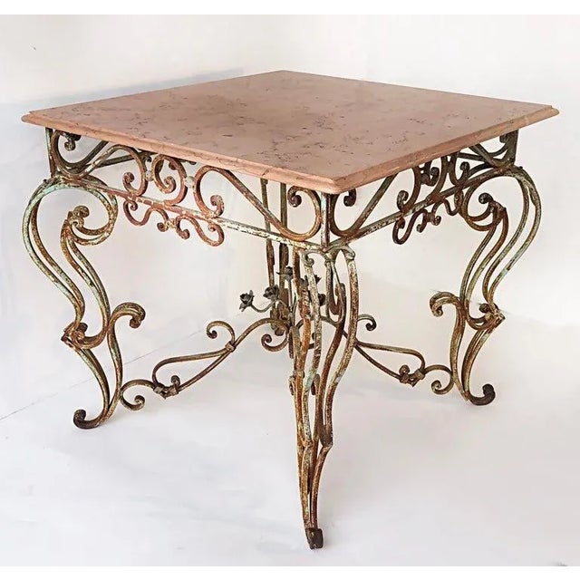 Shabby Chic Vintage Wrought Iron Marble Top Garden Table With Scrollwork and Flowers For Sale - Image 3 of 8