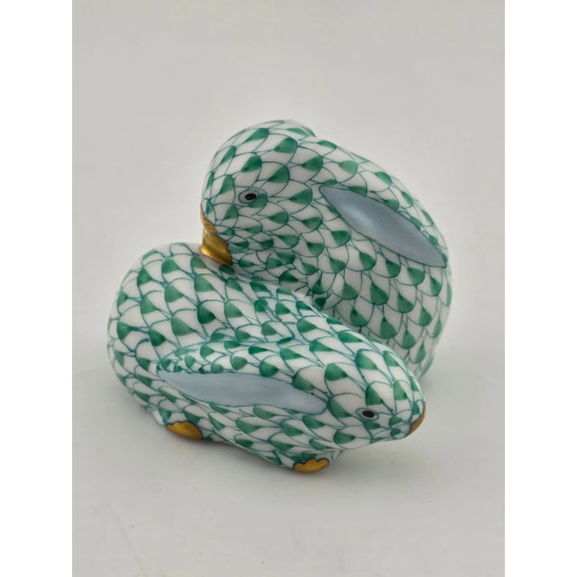 Contemporary Rare Vintage Hungary Herend Pair Snuggling Bunny Rabbits Green Fishnet Figurine For Sale - Image 3 of 15