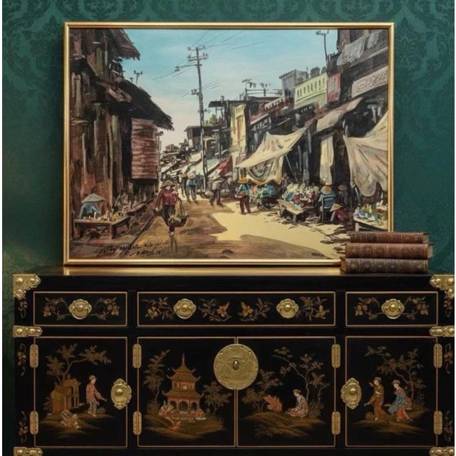 Original watercolor painting depicting a lively street market scene in Hanoi, Vietnam. The composition captures daily life...