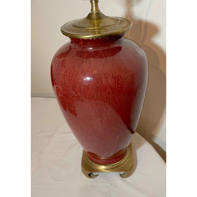 Metal Large Modern Handmade Chinese Red Real Oxblood Pottery Brass Vase Table Lamp For Sale - Image 7 of 10