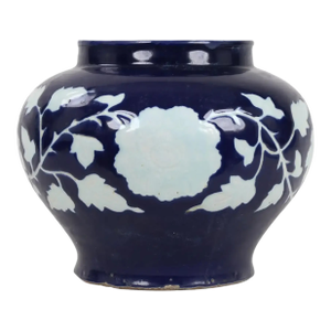 20th-Century Chinese Cobalt Blue-Glazed General Jar With Carved White Peonies