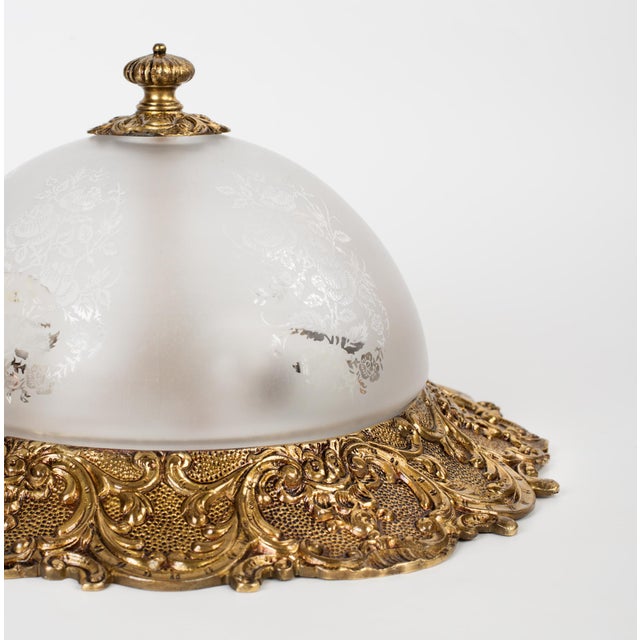 Bronze 1950s Spanish Rococo Heavy Sand-Cast Bronze Flush Mount Ceiling Light With Etched Frosted Glass Dome For Sale - Image 8 of 12