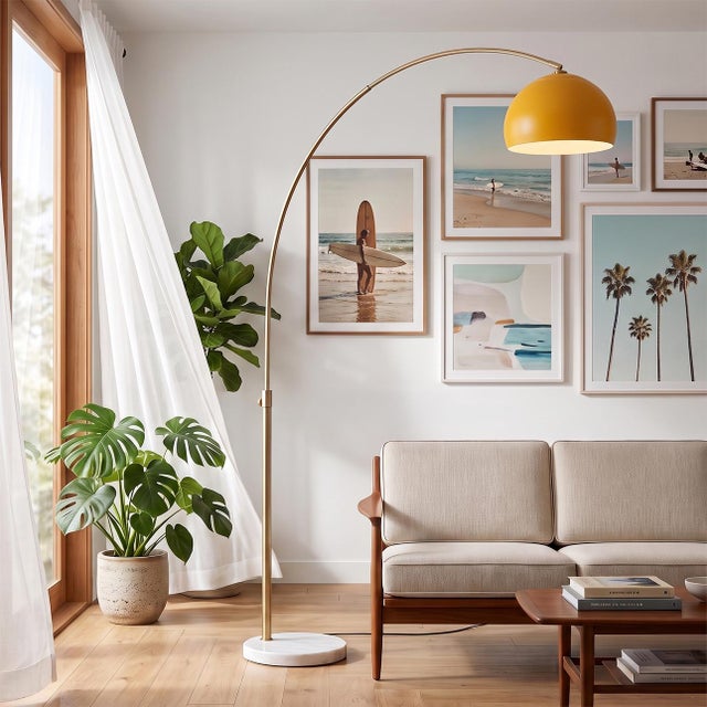 The Half Dome 92" Arc Lamp is a dimmable Mid-Century Modern arc lamp with a weathered brass body and a white marble base,...