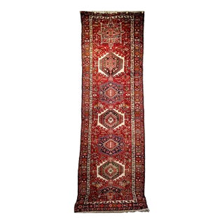 Antique Persian Heriz Karajeh Runner, Geometric Medallion Pattern, Red & Navy, 4’ X 14’ For Sale
