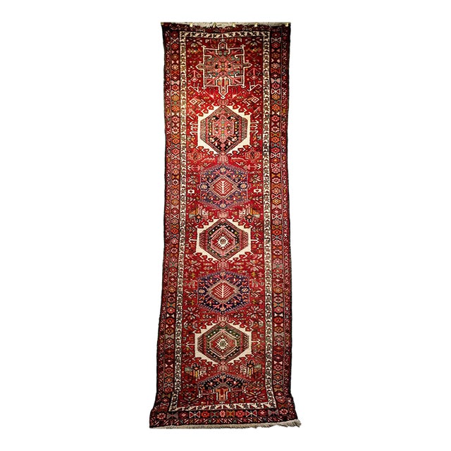 Antique Persian Heriz Karajeh Runner, Geometric Medallion Pattern, Red & Navy, 4’ X 14’ For Sale