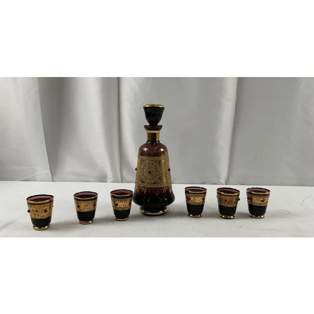 Mid-Century Modern Vintage Burgundy Glass & Gilt Jeweled Decanter Set With 6 Cordial Glasses - 7 pcs For Sale - Image 3 of 3