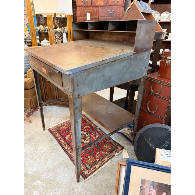 Vintage Mid-20th Century Industrial Steel Shop Desk & Matching Stool For Sale - Image 4 of 11