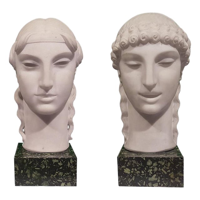 Nicola D'Antino, Kore's Heads, Italy, 1920s, Marble, Set of 2 For Sale