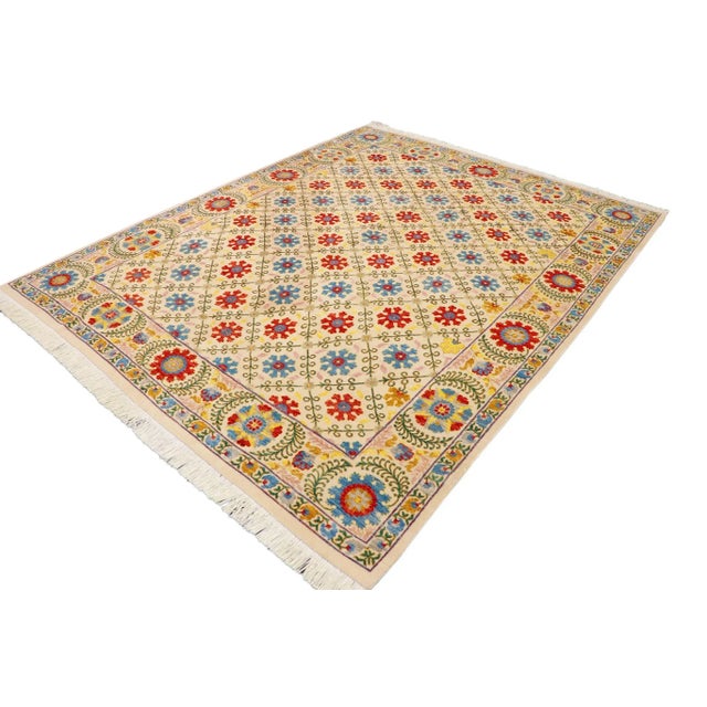 Shabby Chic Bohemien Ziegler Beige Blue Hand-Knotted Wool Rug - 9'6'' X 12'5'' For Sale - Image 3 of 8