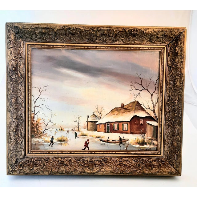 Paint Winter Snow Scene Oil on Board Ice Skaters For Sale - Image 7 of 7