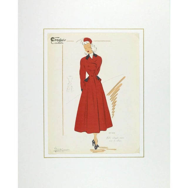 1940s French Fashion Sketch - Red Velvet Couture For Sale - Image 5 of 5