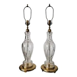Pair 1980s Baccarat Style Large Crystal Lamps
