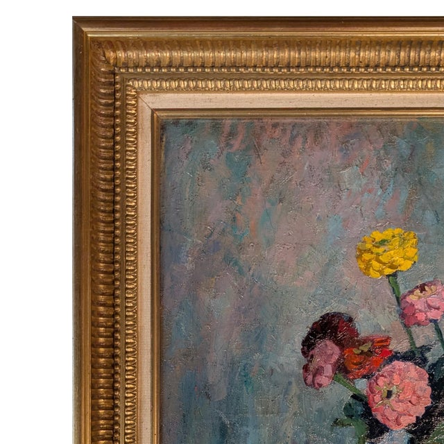 Post Impressionist French Normandy School Post-Impressionist Oil on Canvas Still Life Flowers Fruit by Franck Innocent, 1941 For Sale - Image 3 of 13