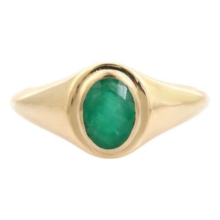 Luxurious Bezel Set 14k Gold Rich Emerald Signet Ring Size 5 For Sale