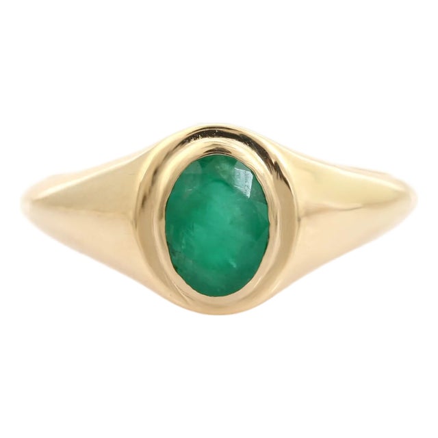Luxurious Bezel Set 14k Gold Rich Emerald Signet Ring Size 5 For Sale