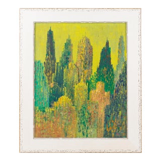Pointillism Skyscrapers Cityscape Oil on Canvas Painting by Le Boreux For Sale